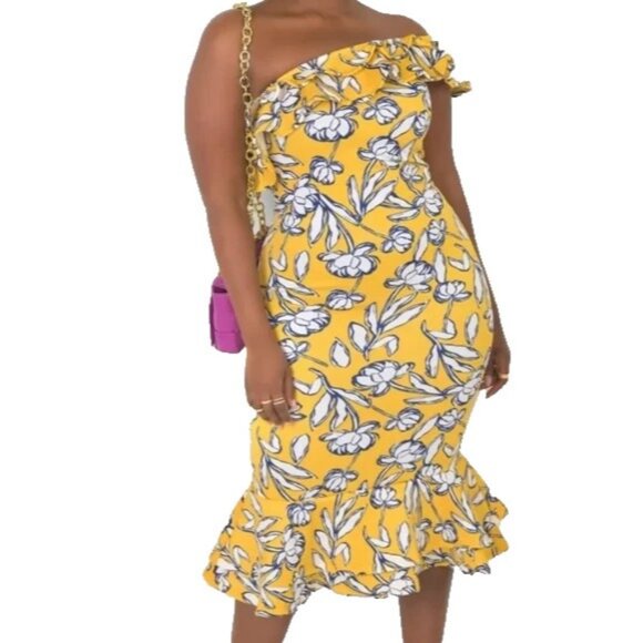 Rebdolls Dresses & Skirts - Rebdolls Womens One Shoulder Ruffle Hem Midi Dress Mustard Yellow Floral Large